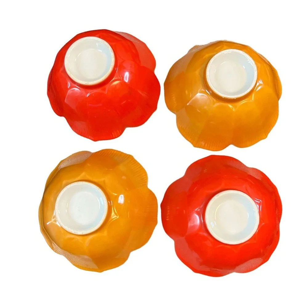 VTG Set Of 4 Lotus Porcelain Rice Bowls ORANGE & YELLOW Flower‎ Petal Japan